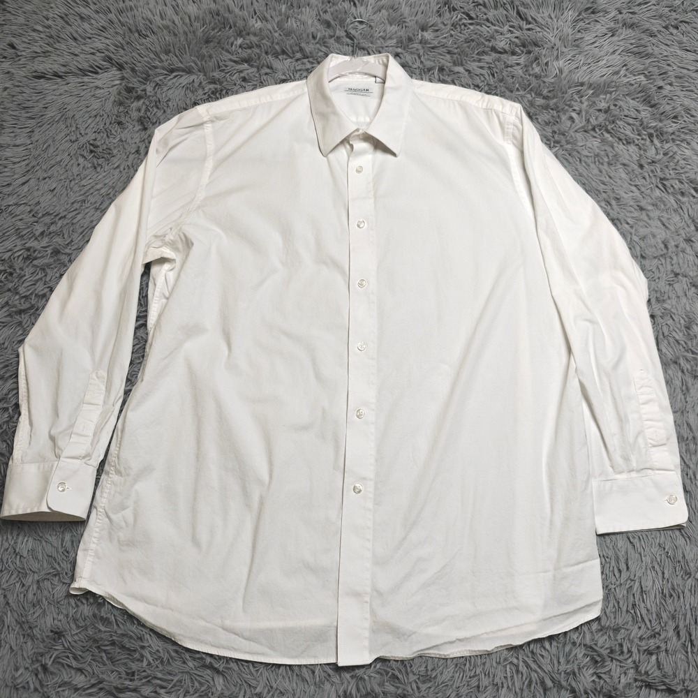 Haggar Dress Shirt Mens 18 18.5 36/37 Arm White Cotton Stretch Solid Classic Fit